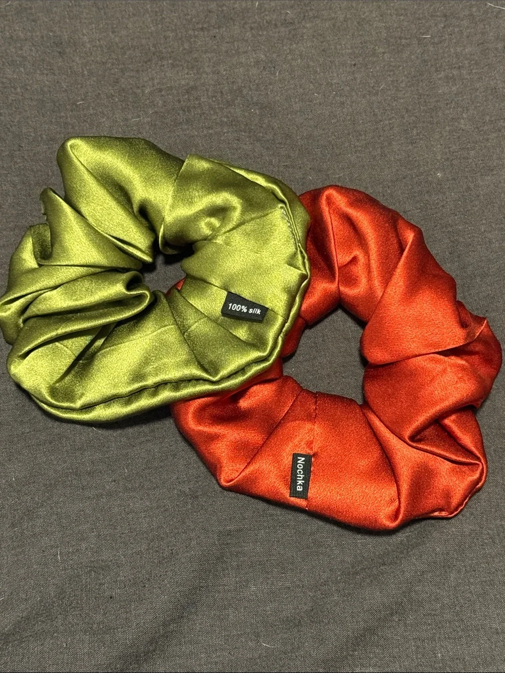 Silk Scrunchie Duo in Olive Green & Red